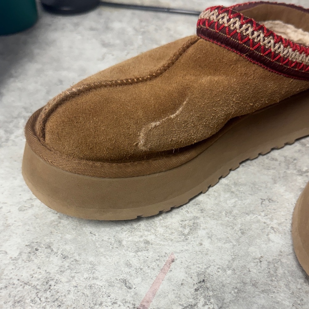UGG Brown Suede Slip-Ons with Red Accents - Picture 4 of 8